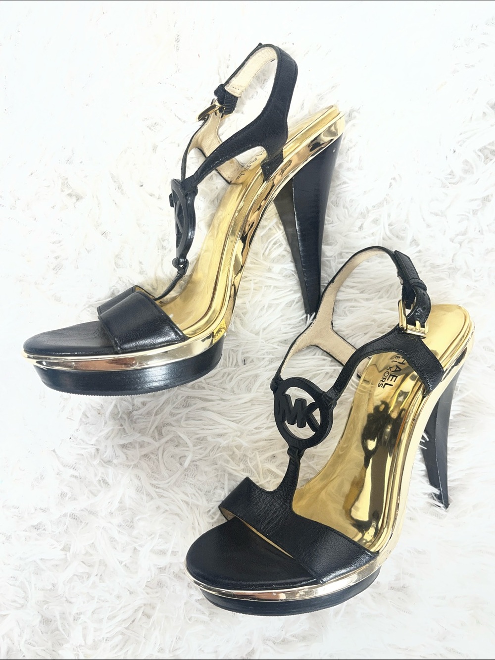MICHAEL Michael Kors Black and Gold Leather T-Strap High Heels